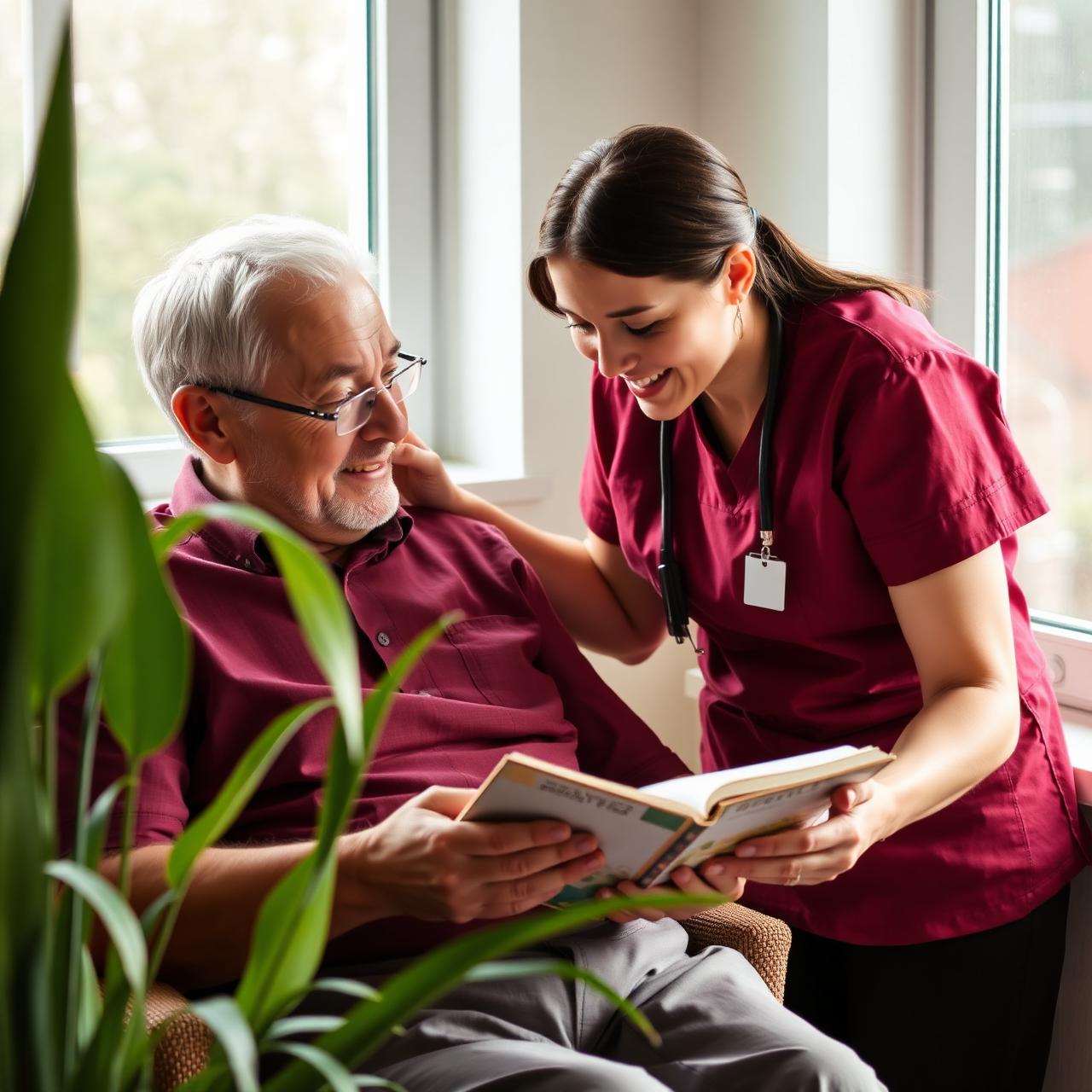 Caregiver reading with elderly client by a sunny window