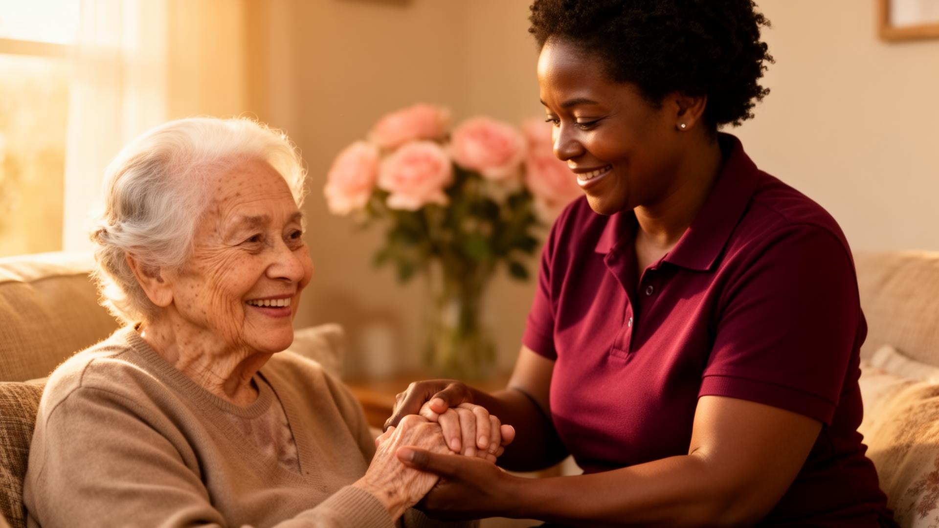 Caregiver holding hands with smiling elderly woman